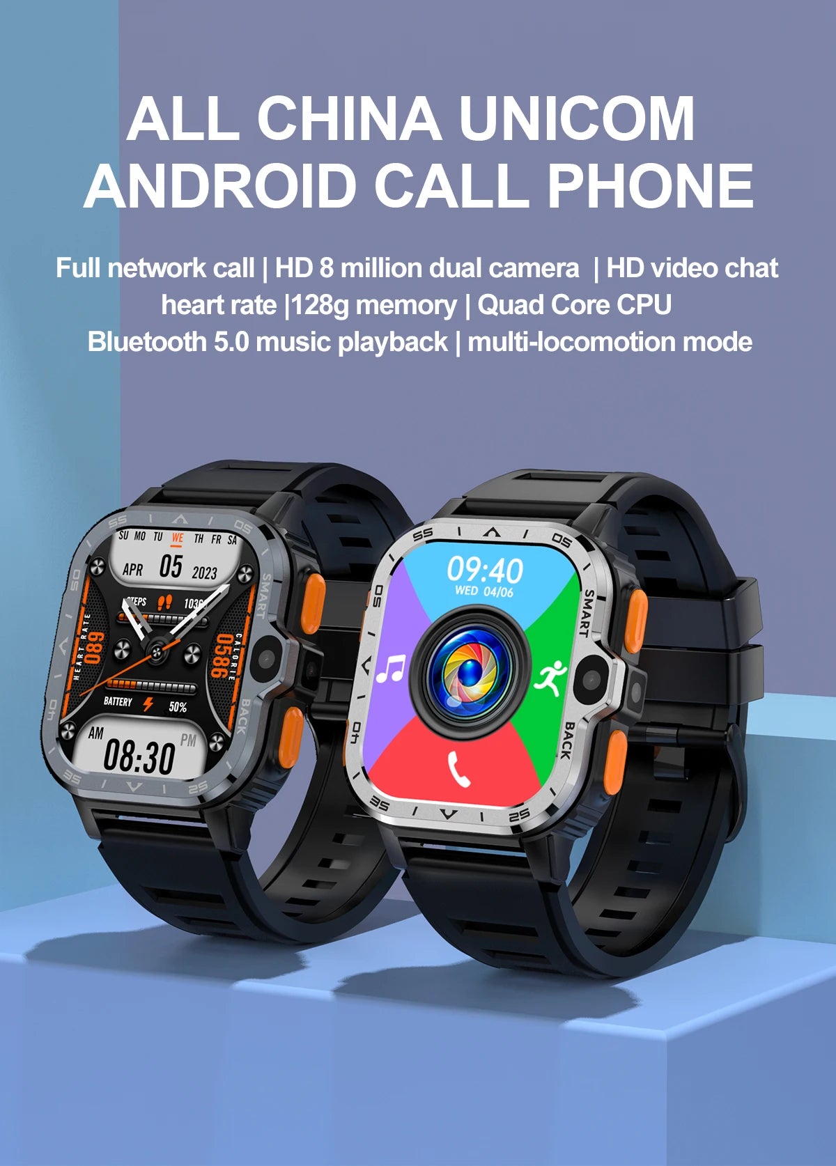 Two Valdus PGD Smart Watches for Men are shown with black bands. The left watch displays time and date, while the right boasts a colorful screen with icons. Above, features like an HD dual camera, video chat, and Bluetooth 5.0 are highlighted—ideal as a mens smartwatch.