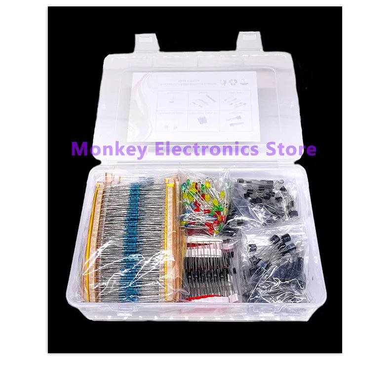 A transparent plastic box contains the NoEnName_Null 6-in-1 Component Kit, featuring electronic parts such as resistors, LEDs, and transistors. Ideal for DIY mobile repairs, the lid displays a Monkey Electronics Store label.