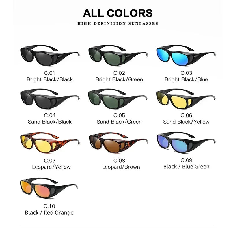 Explore the MOKDUFF Polarized Sunglasses, designed to fit over glasses comfortably. They boast UV400 protection with vibrant styles, including C.01 Bright Black/Black and C.07 Leopard/Yellow, ensuring a colorful yet protective experience against the suns harmful rays.