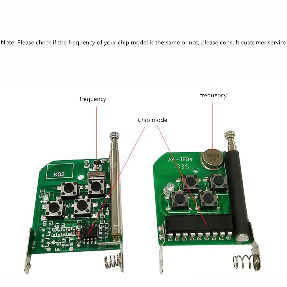 The Universal 433MHz Wireless Remote Control for Garage Access includes two green circuit boards with black buttons and metal antennas, each labeled for frequency and chip model; check compatibility before use.