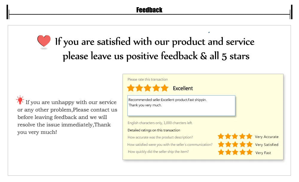 The infographic asks for positive feedback and 5-star ratings if satisfied with the MOJOYCE Adjustable Alloy Clamp for Secure Mobile Repairs, showcases a sample 5-star review, and encourages contacting the seller directly to resolve issues instead of leaving negative feedback.