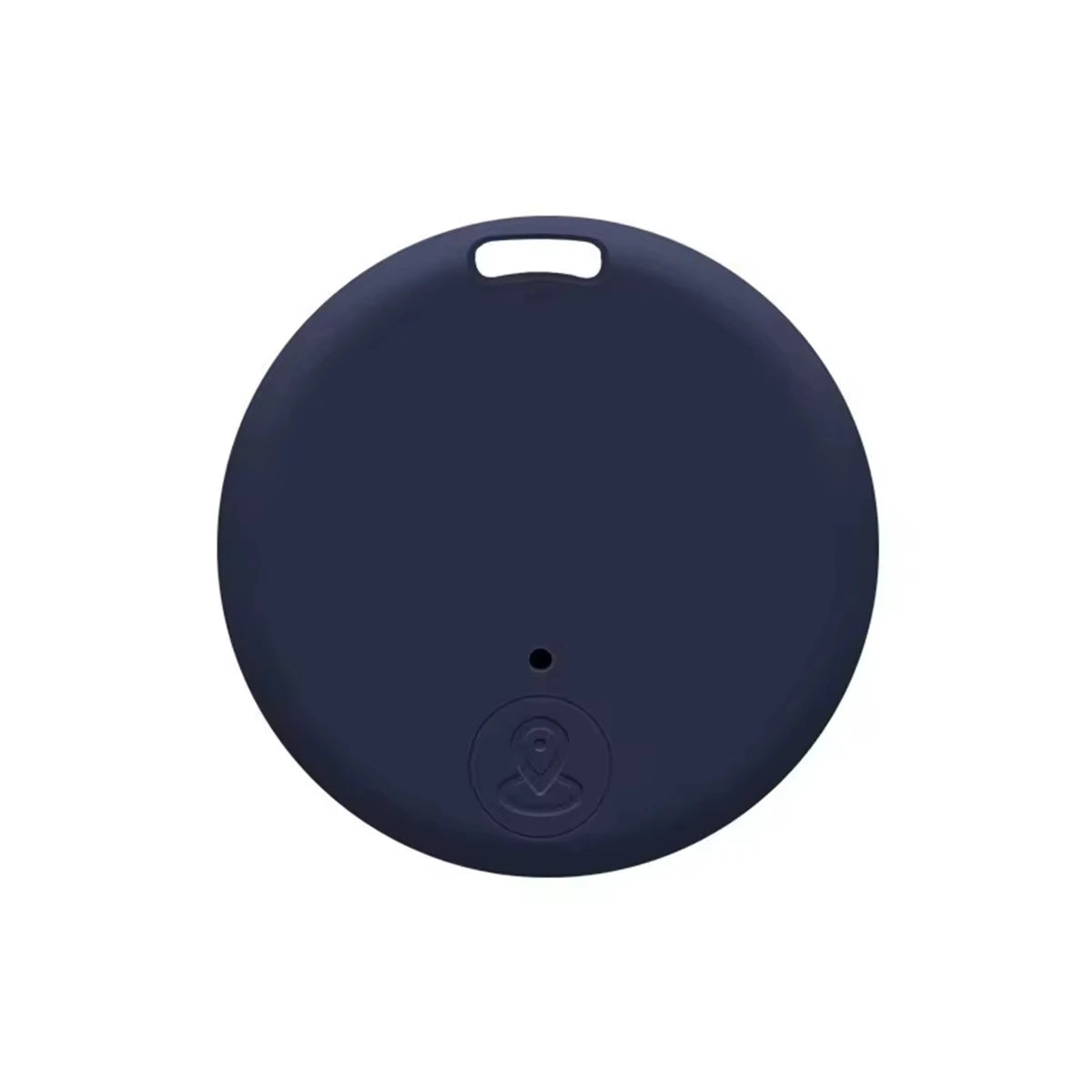 The Mini Bluetooth GPS Tracker is a navy blue, round device with a location pin symbol and keychain cutout. It offers real-time tracking, ideal for on-the-go security for pets and kids. The bottom of the white-background tracker features a small hole.