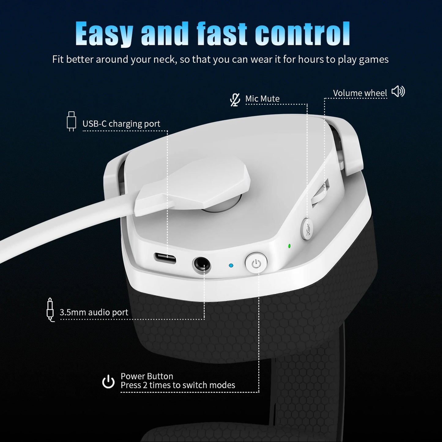 The NUBWO G06 Dual Wireless Headset features a USB-C charging port, mic mute button, volume wheel, 3.5mm audio port, and power button. It offers comfort for long gaming sessions with easy controls and active noise cancelling technology.