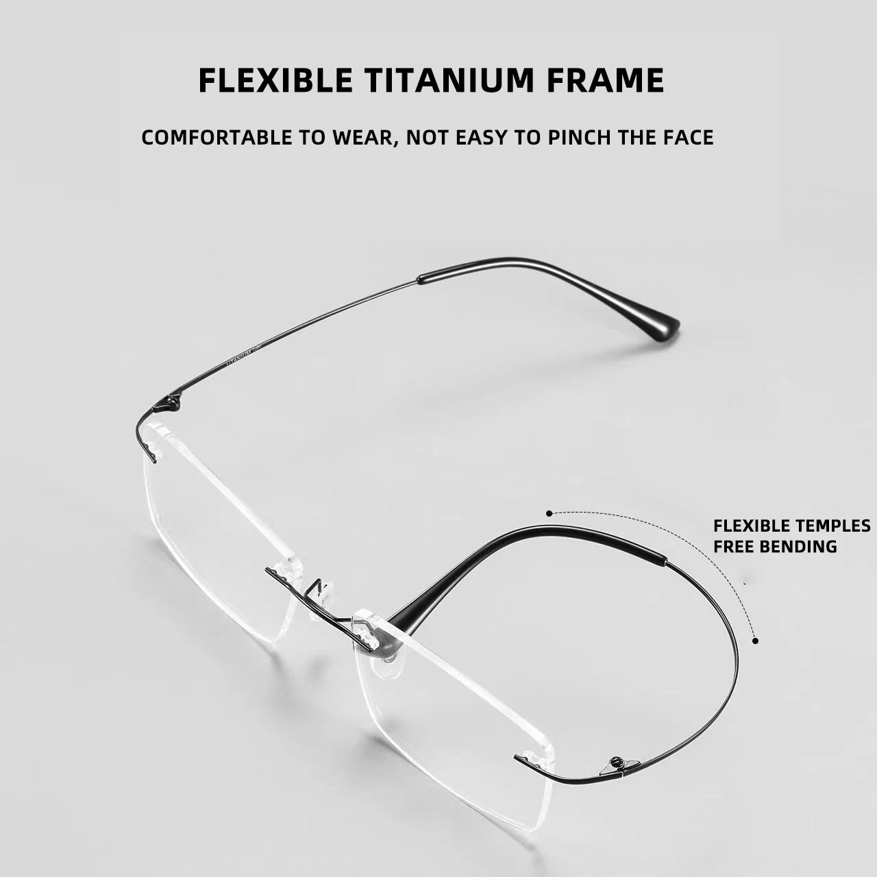 Image of YINSQER Titanium Rimless Reading Glasses on a gray background. Text reads: Rimless Titanium Design. Comfortable fit with flexible temples, scratch-resistant lenses, and blue light blocking for everyday durability.