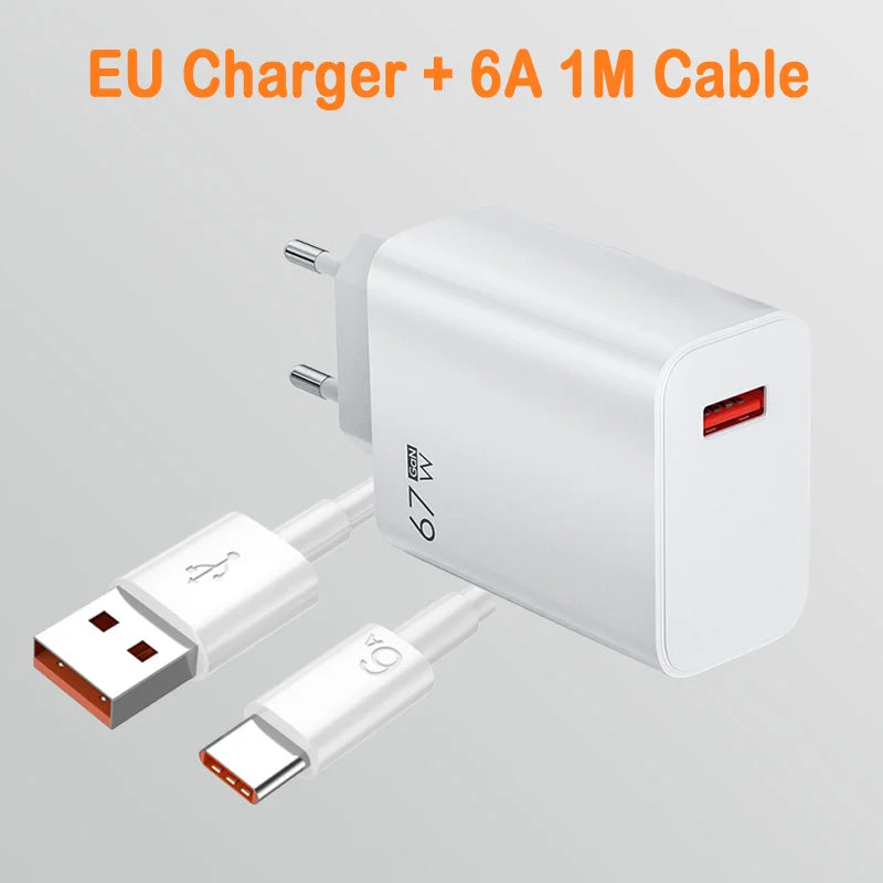 Image of a 67W GaN USB charger with EU plug for efficient charging via USB, including a 1-meter white cable with USB-A and USB-C connectors. The text EU Charger + Quick Charge 3.0 6A 1M Cable is displayed at the top in orange.