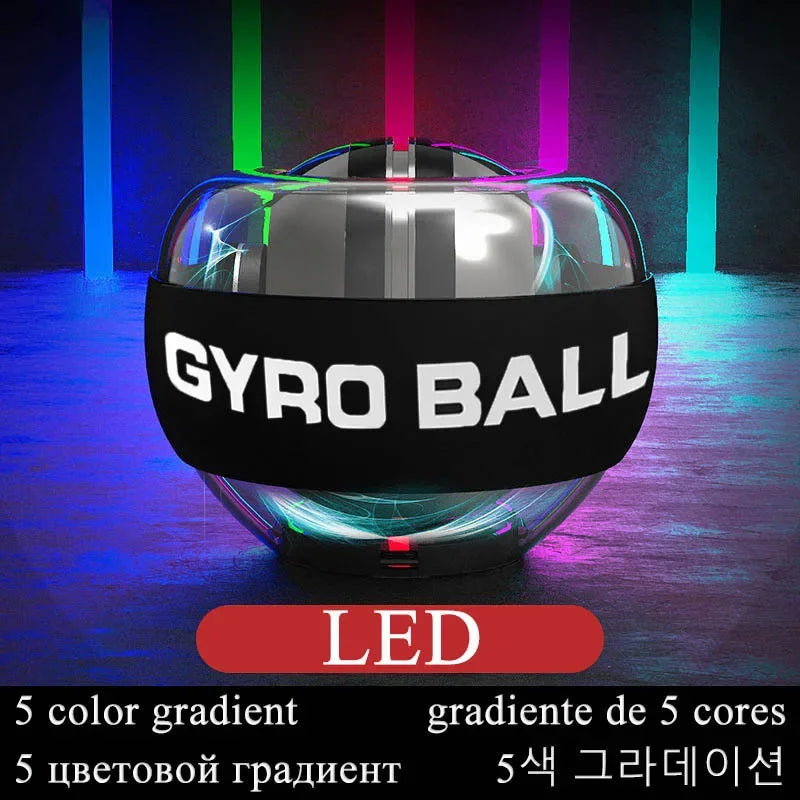 The LED Gyro Wrist Force Handball: Automatic Power features a transparent sphere with colorful LED lights for a glowing gradient effect. It reads GYRO BALL, and multilingual text highlights its 5-color gradient and LED tech, ideal for both Gyroball enthusiasts and strength training novices.