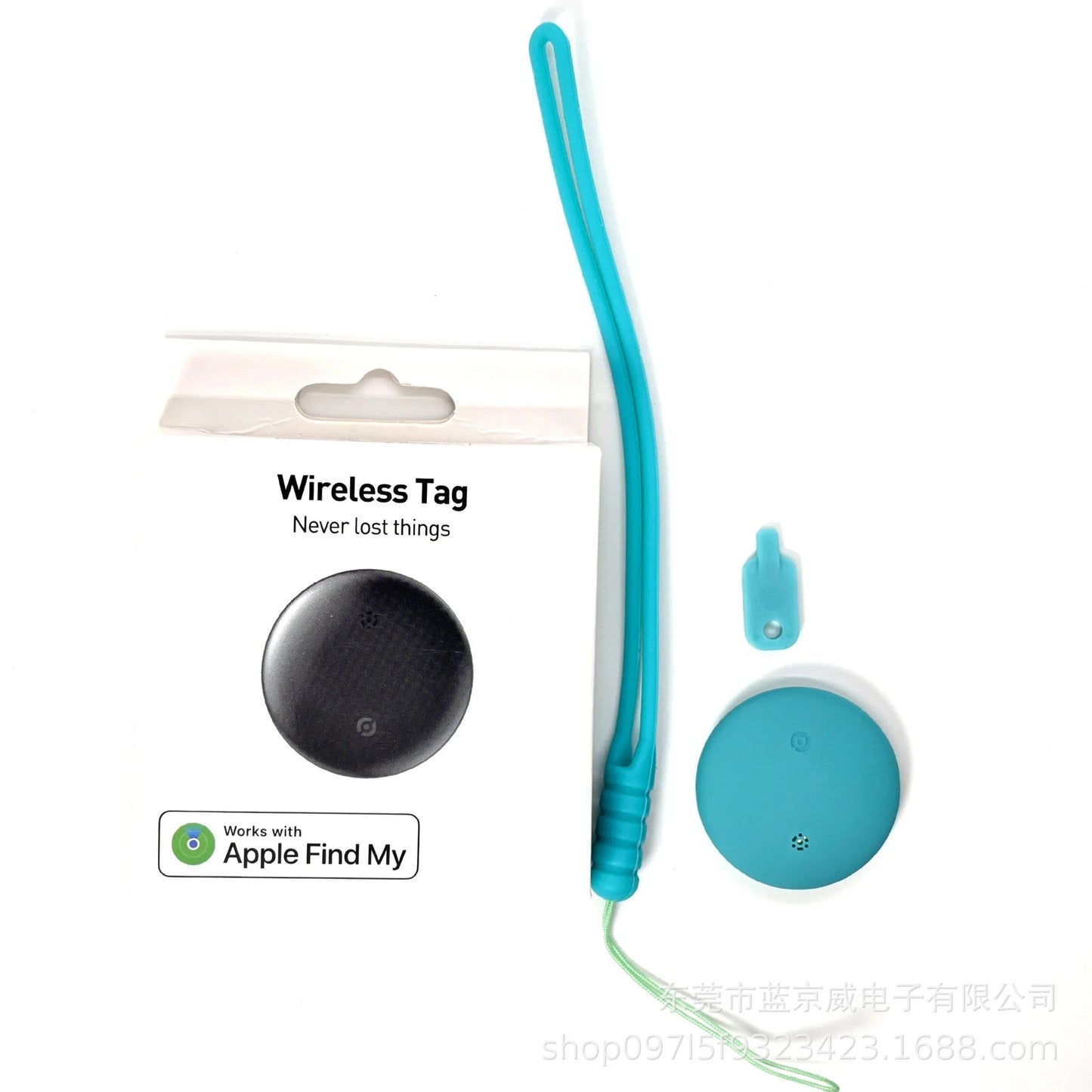 The NoEnName GPS Tracker packaging displays a circular black tag image with Wireless Tag - Never lost things text. Inside, the turquoise tracker includes a wrist strap and is compatible with the Find My App Locator, placed beside the box.