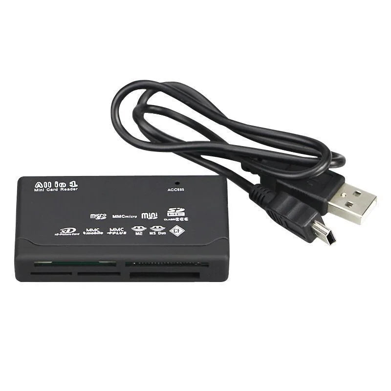 The USB 2.0 Mini Memory Card Reader With Multi-Card Support features a black design, built-in cable, and multiple labeled slots for SD, microSD, MMC, and more.