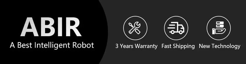 Promotional banner for ABIR WD8 Robot Window Vacuum, praised as a top intelligent robot, featuring 3 Years Warranty (wrench), Fast Shipping (truck), and New Technology (devices). Enjoy innovation with smart home integration and a dual spray system.