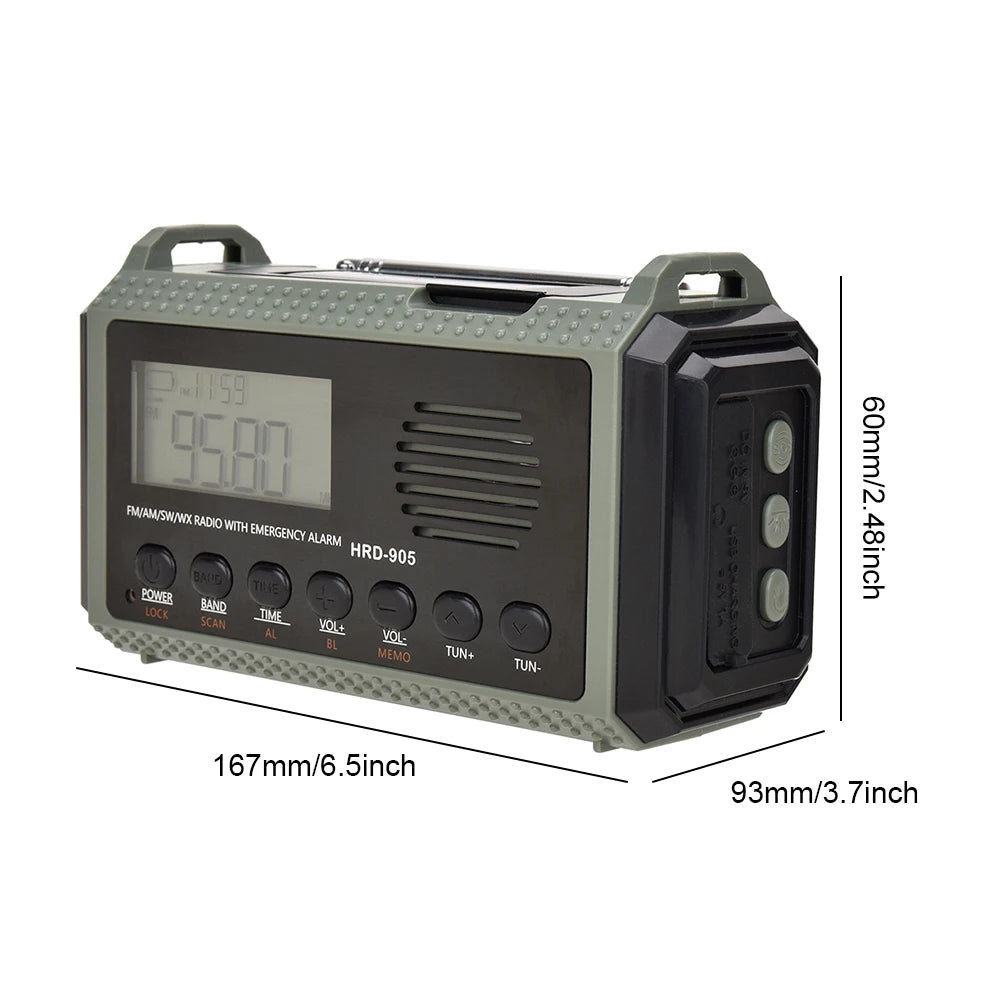 The APWIKOGER 10,000mAh Solar Hand Crank Emergency Radio has a digital display frozen at 11:59. It features various buttons, a speaker, dimensions of 167mm x 93mm x 60mm, and includes a carrying handle with textured sides for easy grip.