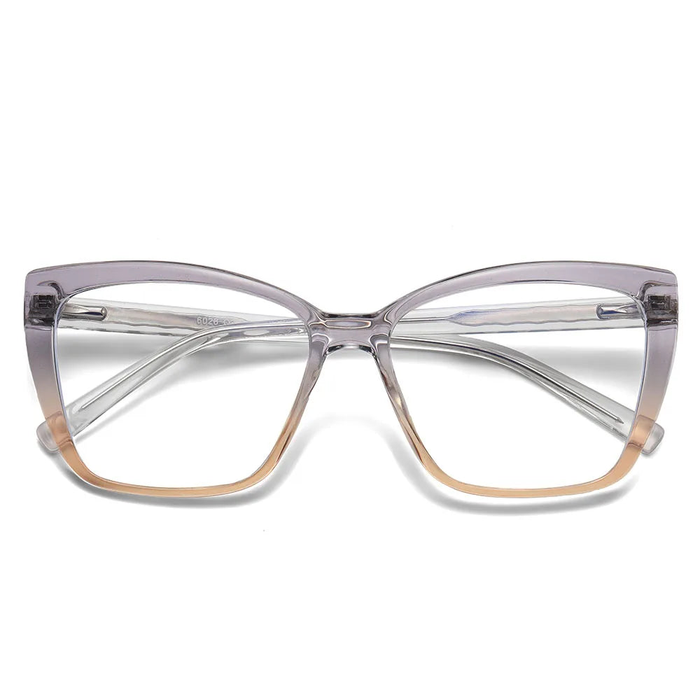 The AABV Womens Cat Eye Bifocal Reading Glasses offer stylish clarity with a translucent, gradient frame that shifts from purple to light beige, combining modern chic and enhanced functionality.