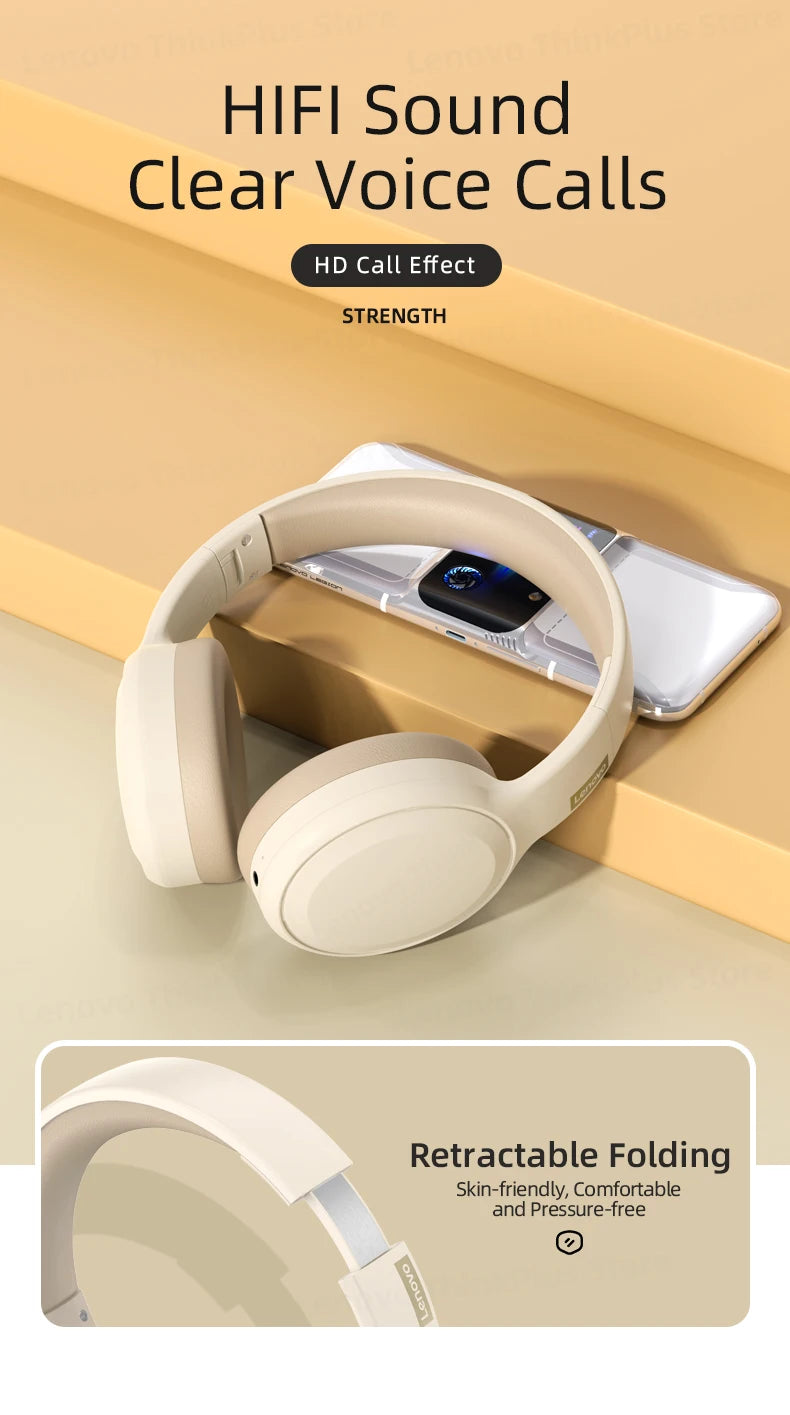 The Lenovo TH30 Wireless Headphones in beige rest on a smartphone, showcasing Noise Cancelling, High-Fidelity Sound, HD Call Effect, Strength, and Retractable Folding. A close-up reveals their skin-friendly comfort and Bluetooth 5.3 capabilities for clear voice calls.