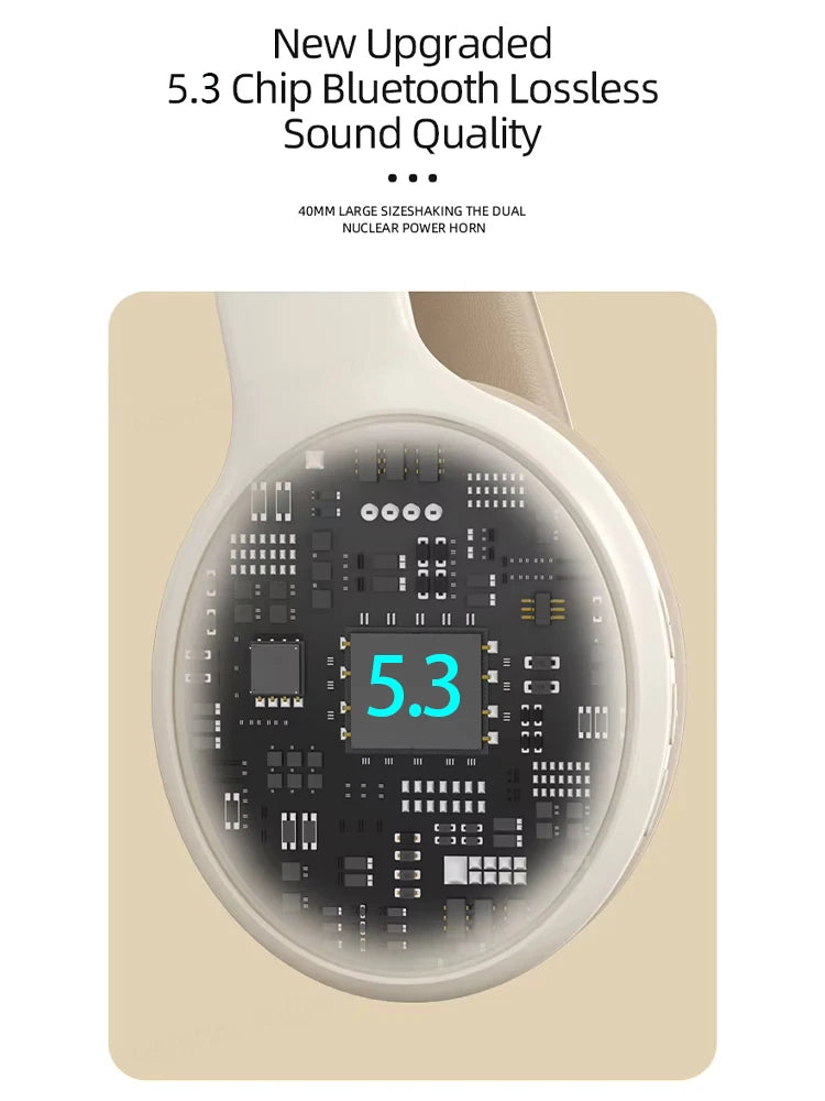 A close-up of Lenovo TH30 Wireless Headphones featuring an electronic circuit with a digital display showing 5.3. Text above reads, New Upgraded Bluetooth 5.3 for High-Fidelity Sound, with below text, 40MM Driver enhancing Dual Nuclear Power Horn for immersive audio experience.
