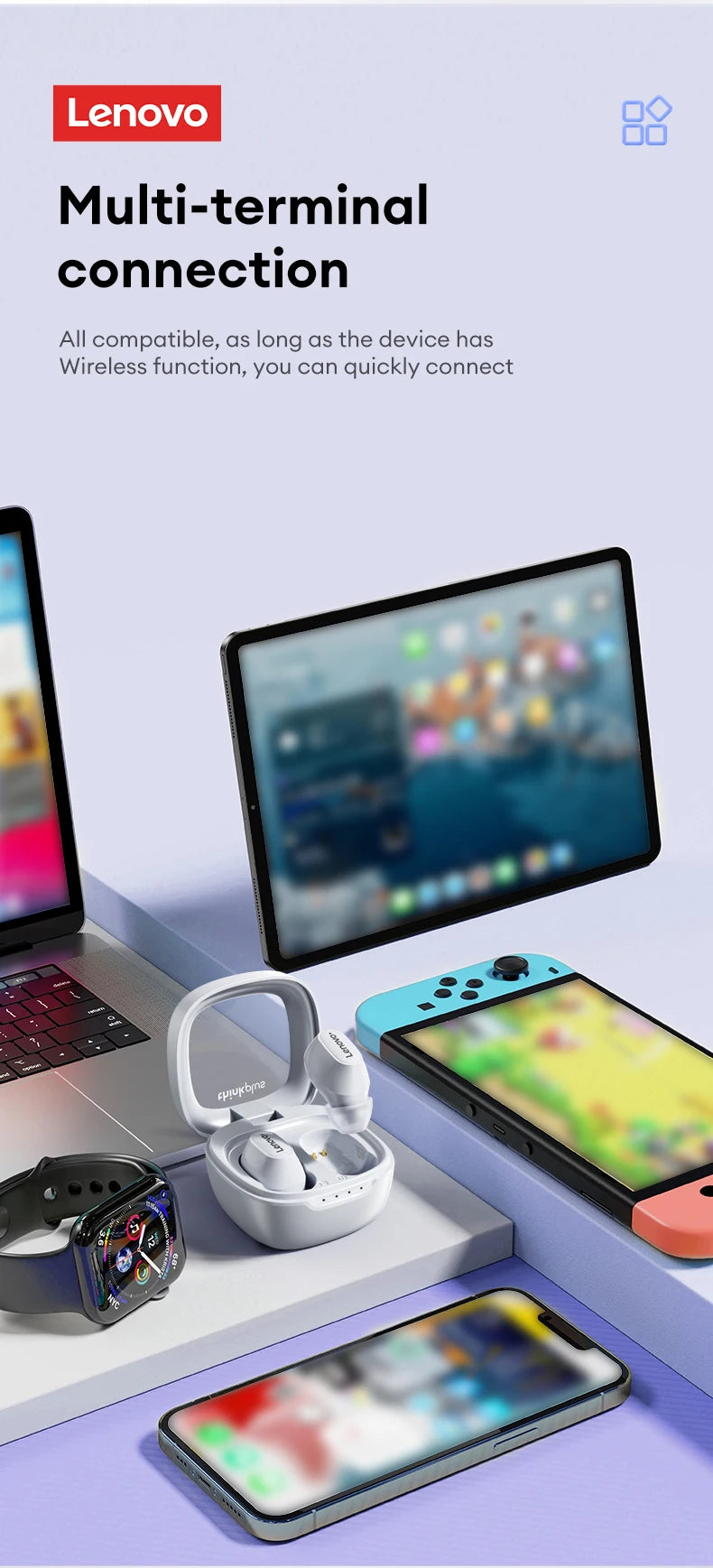 The table features various electronic devices: a laptop, tablet, smartwatch, wireless earbuds like the Lenovo XT62 Bluetooth Earphones with HiFi Sport Noise Canceling and Bluetooth V5.3 for enhanced connectivity and gaming console for an improved wireless experience.