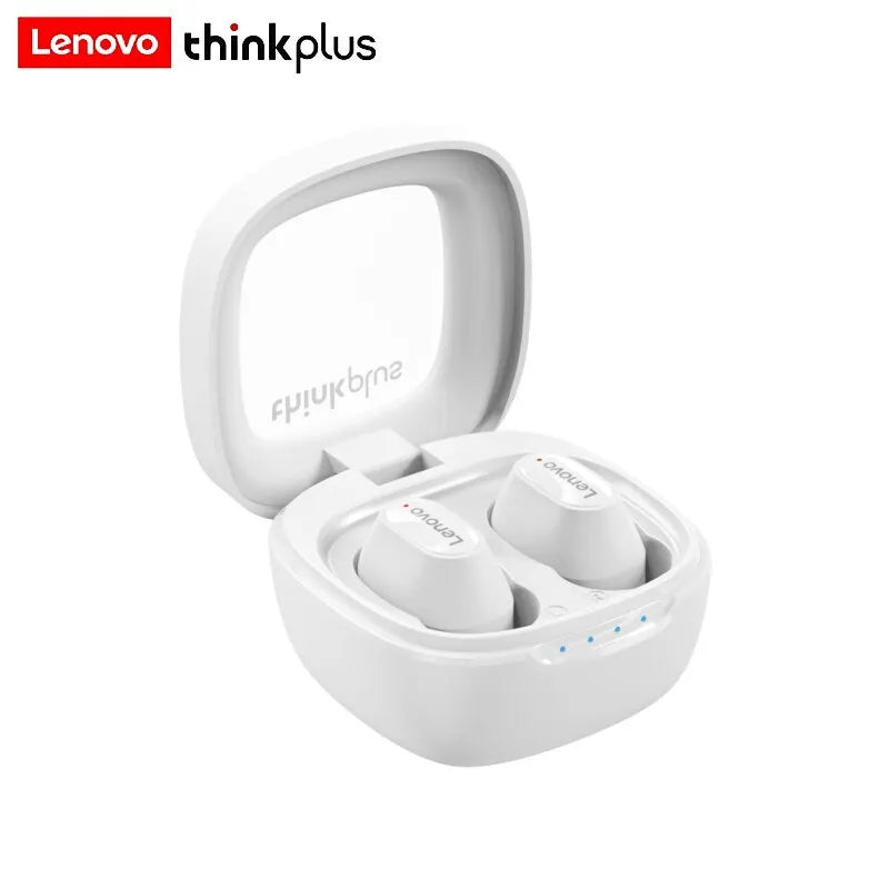 Lenovo XT62 Bluetooth Earphones feature a sleek open charging case with four blue LEDs, showcasing Lenovo and Thinkplus logos. Each white earbud is branded with the Lenovo logo and uses Bluetooth V5.3 for HiFi sport noise canceling.