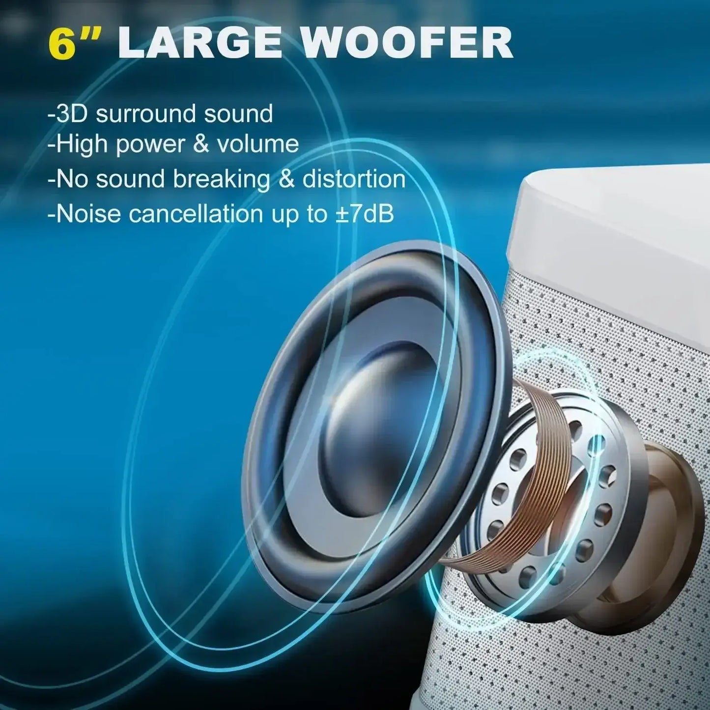 The Portable Dual Microphone Bluetooth Karaoke Machine for Parties showcases a 6-inch large woofer with features such as 3D surround sound, high power and volume, distortion-free audio, and noise cancellation up to ±7dB. It pairs seamlessly via Bluetooth, displaying vibrant sound waves.