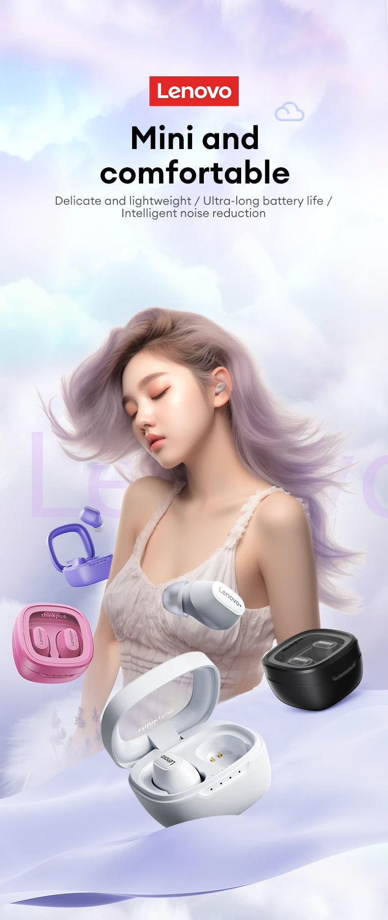 A serene, purple-haired woman in a white top showcases the Lenovo XT62 Bluetooth Earphones, which float in white, pink, and black cases. Set against a cloudy sky, the Lenovo branding highlights their comfort and advanced noise-canceling powered by Bluetooth V5.3 technology.