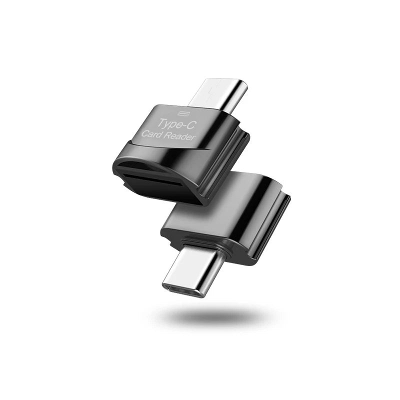 Two AICSRAD Type C to Micro-SD Adapter - Fast OTG Readers, each black with silver connectors and Type-C Card Reader labels, float against a white background with soft shadows—ideal for devices with USB Type-C ports.