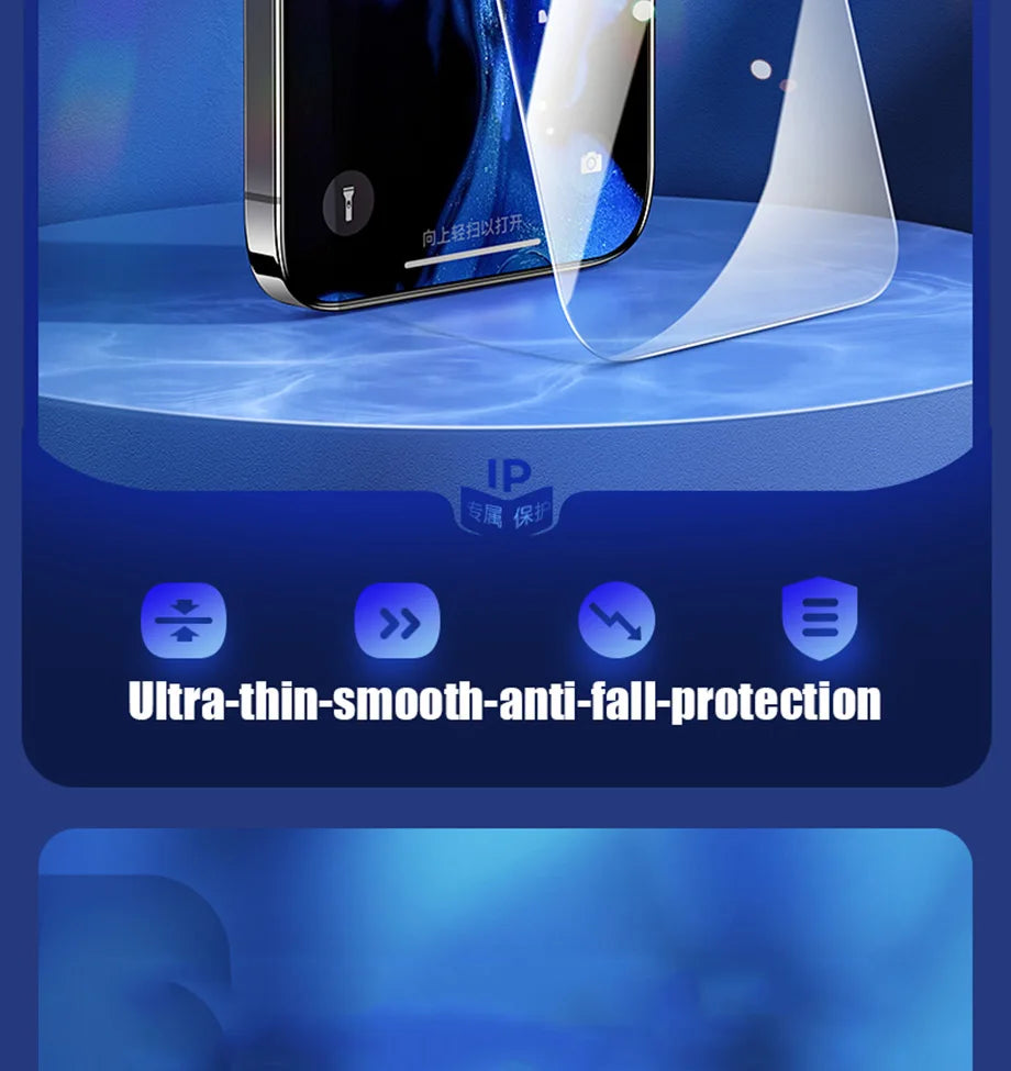 The YKSPACE 2Pcs Anti Blue-Ray Tempered Glass Screen Protector hovers by a smartphone corner, showcasing its ultra-thin, smooth surface, anti-fall defense, and Eye Care features with icons and bold text on a blue background.