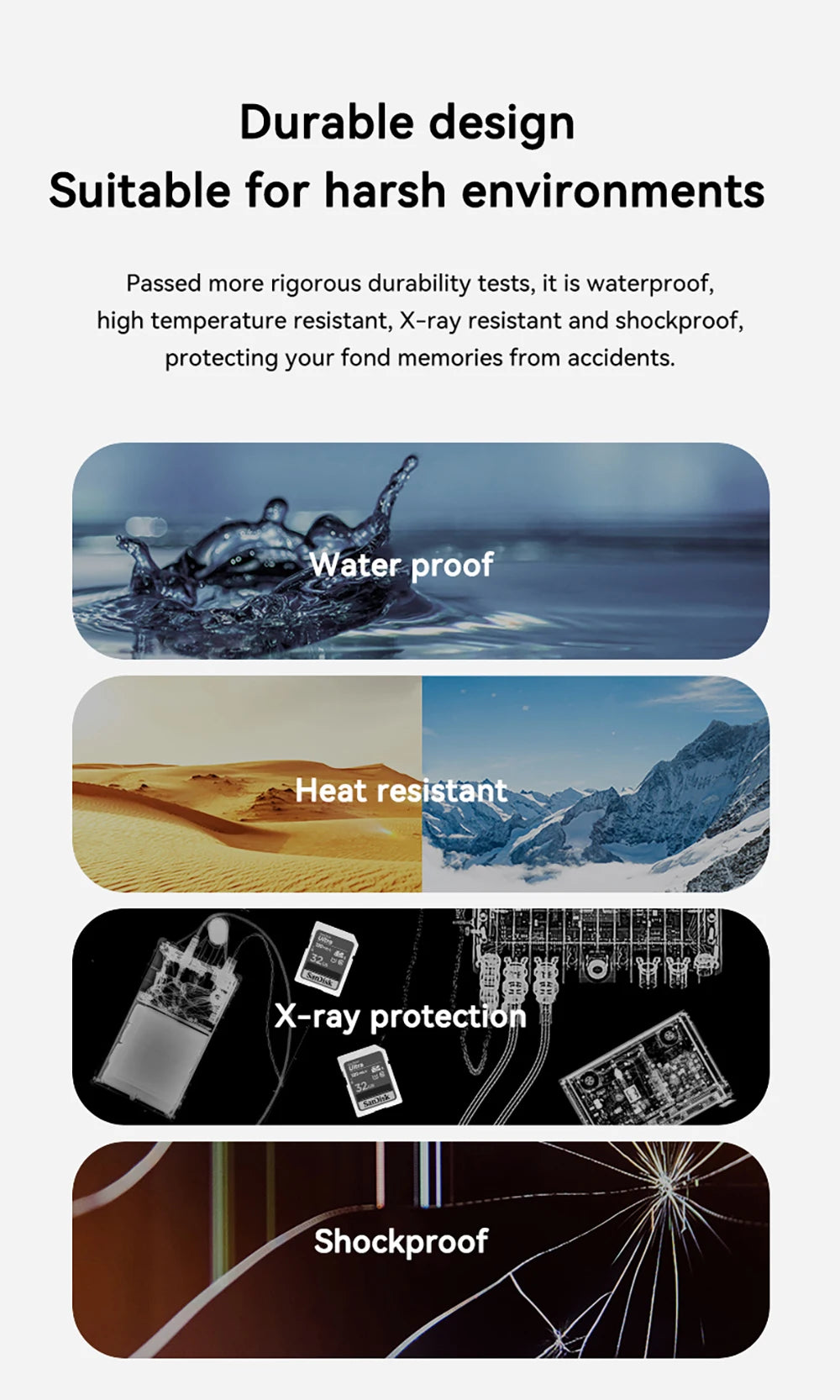 An infographic highlights the Lenovo 128GB Micro TF Card - Fast 100MB/s Speed, emphasizing its durability with waterproof, heat resistant, X-ray protection, and shockproof features alongside images of water, snowy mountains, X-ray equipment, and shattered glass.