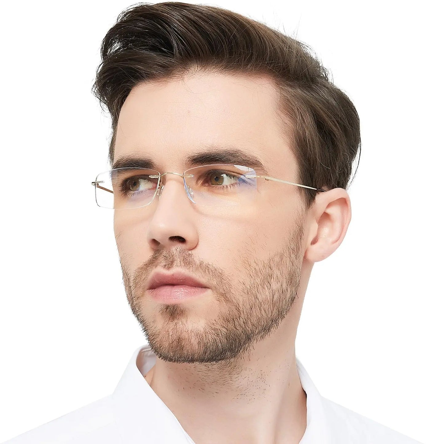 A man with short brown hair and a beard wears YINSQER Titanium Rimless Reading Glasses, featuring thin, scratch-resistant lenses. His white shirt adds to his thoughtful sideways gaze on a plain white background.