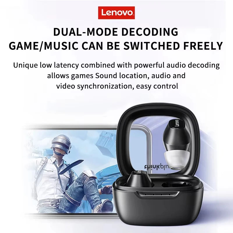 The image highlights Lenovo XT62 Bluetooth Earphones with an open case, featuring a user gaming intensely. Key features like Bluetooth V5.3, dual-mode decoding, low latency, and easy control enable smooth transitions between gaming and music modes.