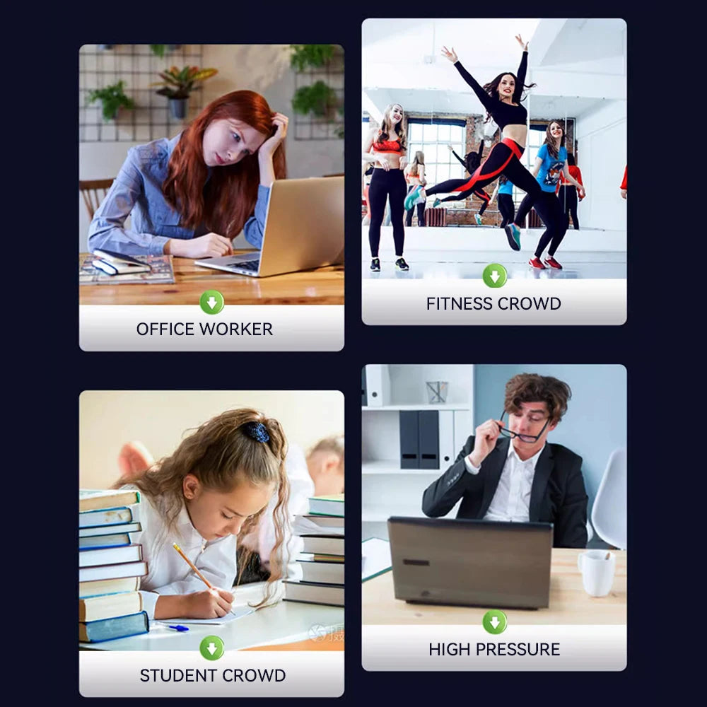 Four images show various scenes: an office worker on a laptop, people exercising with the Wrist Trainer Self-starting Gyro Ball for Strength, a student writing with books stacked nearby, and a stressed person in a suit at their laptop. Each image is labeled: OFFICE WORKER, FITNESS CROWD, STUDENT CROWD, HIGH PRESSURE.