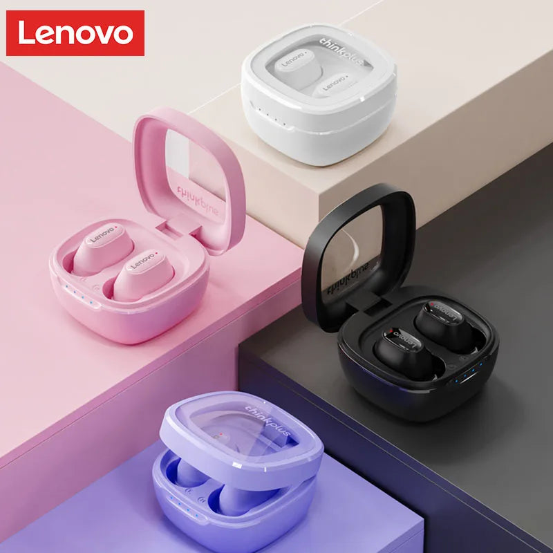 Four Lenovo XT62 Bluetooth Earphone sets, featuring HiFi sport noise canceling and Bluetooth V5.3, are displayed in open cases with transparent lids on a geometric surface. The earbuds come in white, pink, purple, and black.