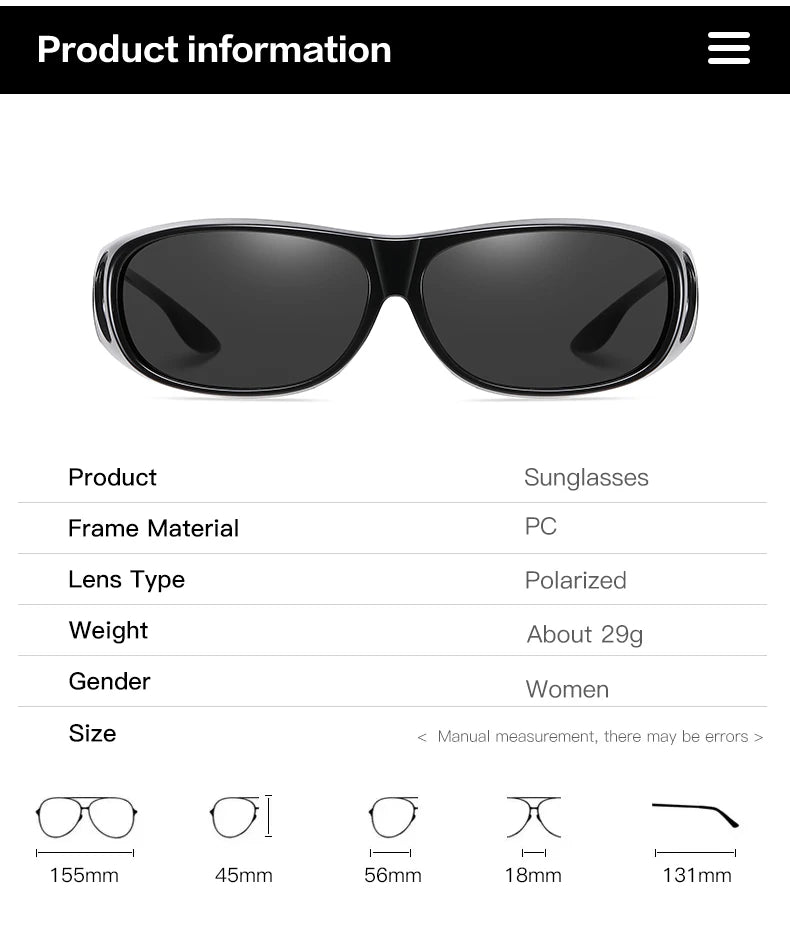 This image features MOKDUFF Polarized Sunglasses, boasting sleek black frames with UV400 protection. Crafted from PC material, theyre lightweight at 29g and designed for women. Measurements include a 155mm front width, 45mm lens height, 56mm lens width, 18mm bridge, and 131mm arm length.