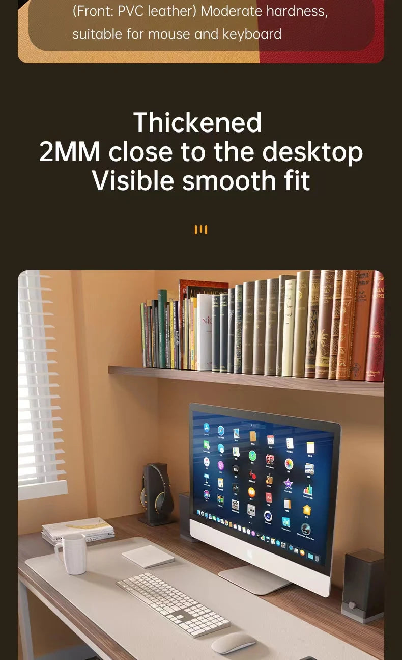 A modern desk setup includes an iMac with app icons, keyboard, mouse, and cup. A shelf with books is behind the desk. The scene highlights a Xummen Large Mouse Pad - Waterproof PU Gaming Desk Mat featuring a 2mm thick surface and non-slip base for smooth functionality.