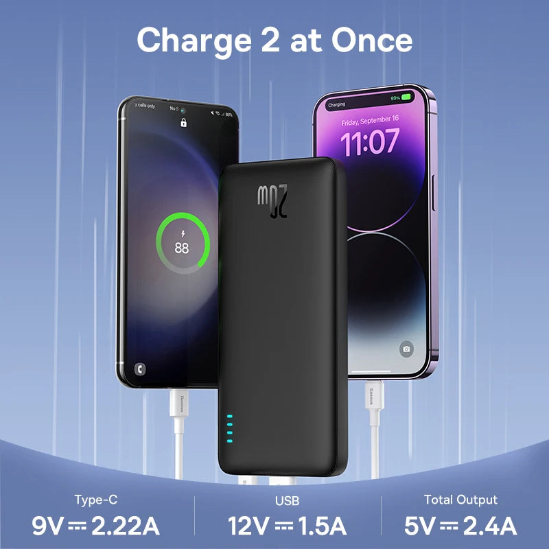 Two smartphones charge with the sleek black Baseus Airpow 20W Power Bank (10000mAh). The left phone shows an 88% charge. Fast charging text includes: Type-C 9V-2.22A, USB 12V-1.5A, and Total Output of 5V-2.4A.