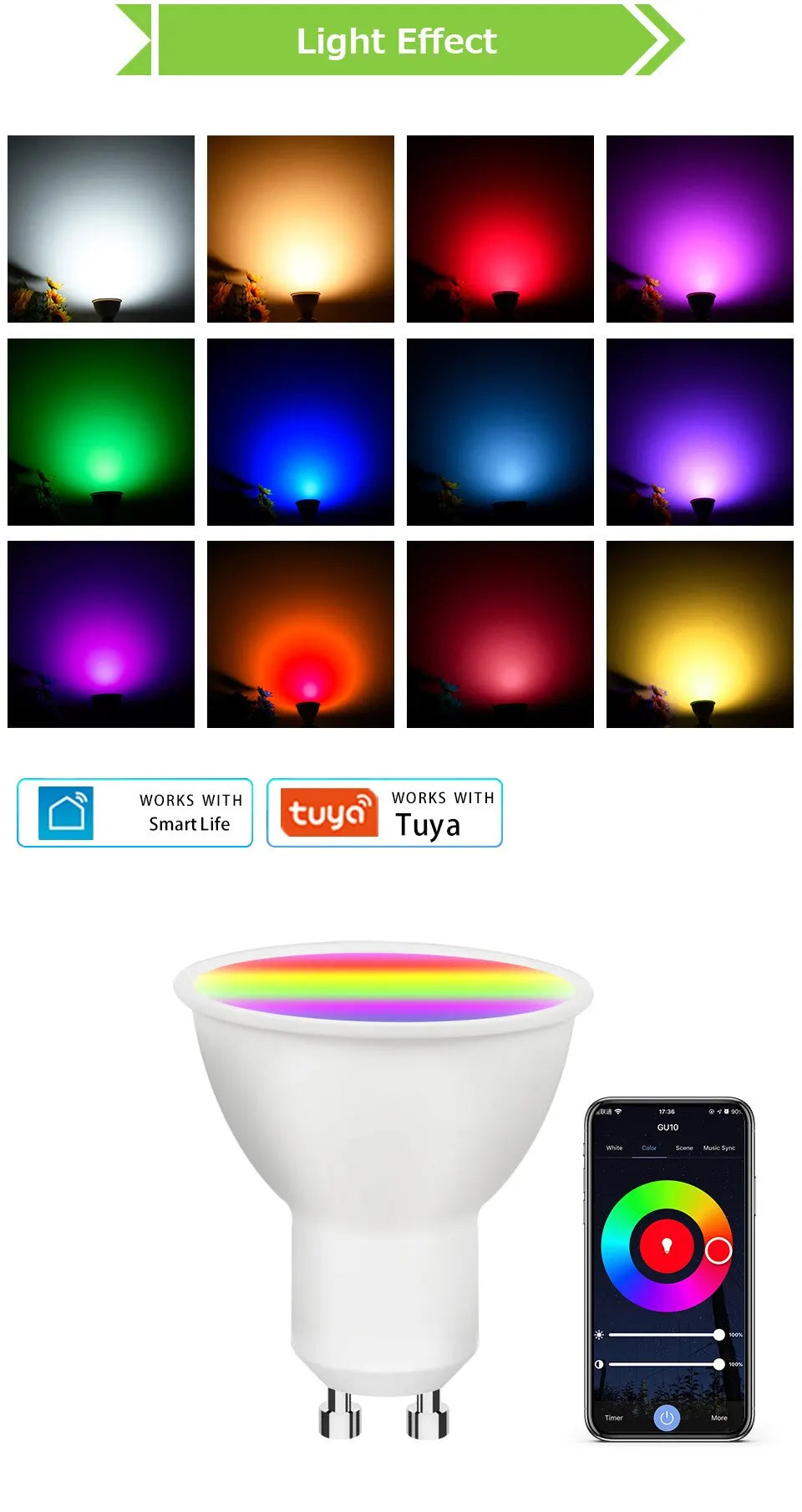 Ammtoo GU10 Smart Light Bulb - Bluetooth RGB LED Control