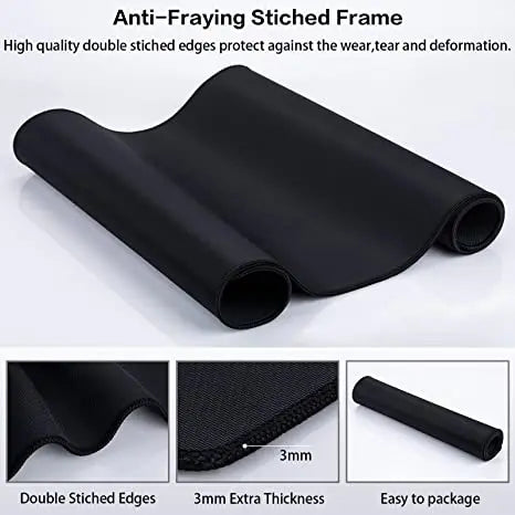 The Ziyoulang Large Mouse Pad 800x300mm features a black anti-fraying stitched frame with a smooth texture. Close-ups display its double-stitched edges, 3mm thickness, and roll-up feature for compact storage.
