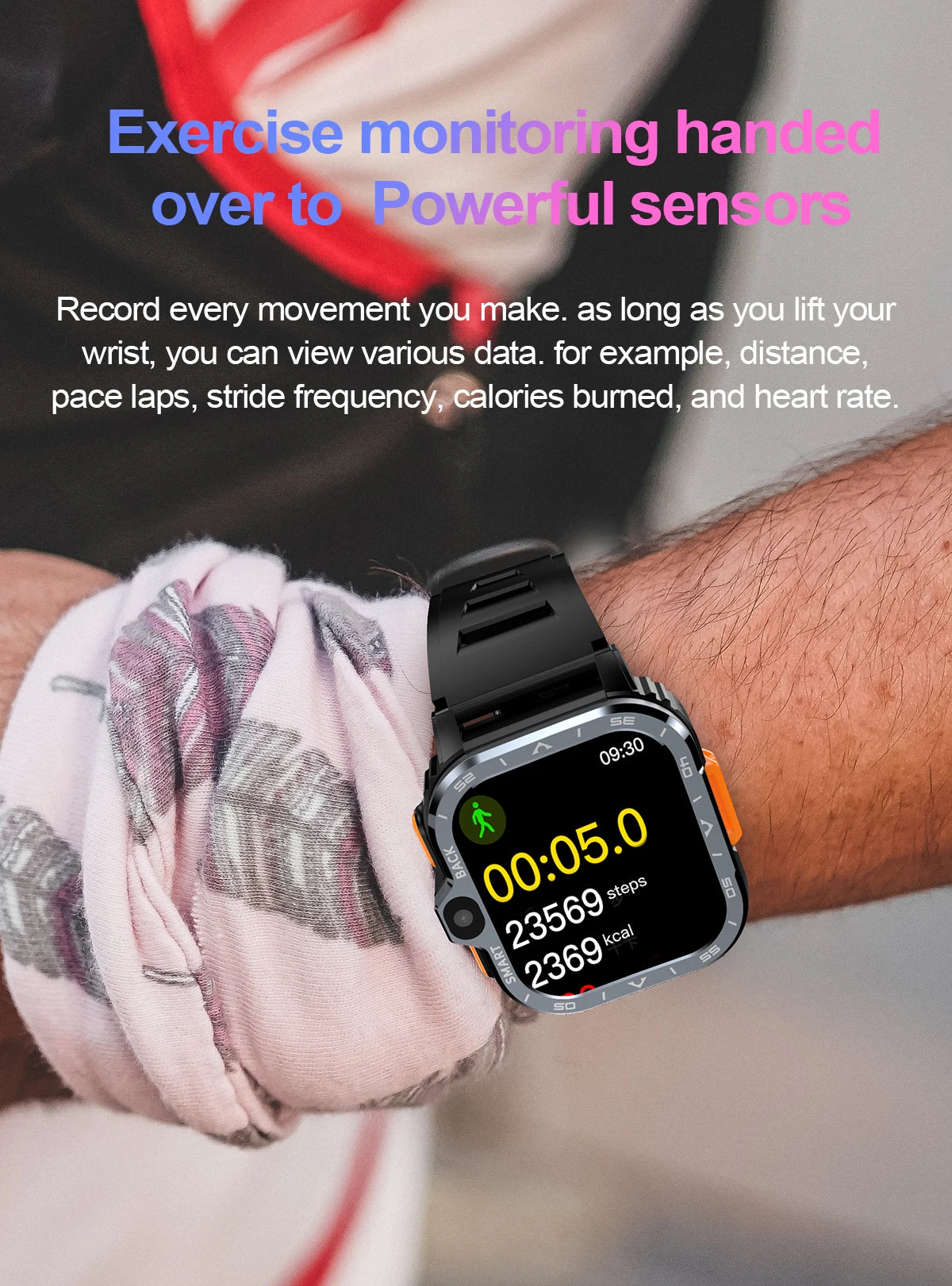 The Valdus PGD Smart Watch for Men, with 4G and a dual camera, showcases advanced sensors to seamlessly track exercise metrics like time (00:05.0), 23,569 steps, and 2,369 Kcal. Displayed on a wrist with a colorful sleeve, it enhances fitness monitoring.