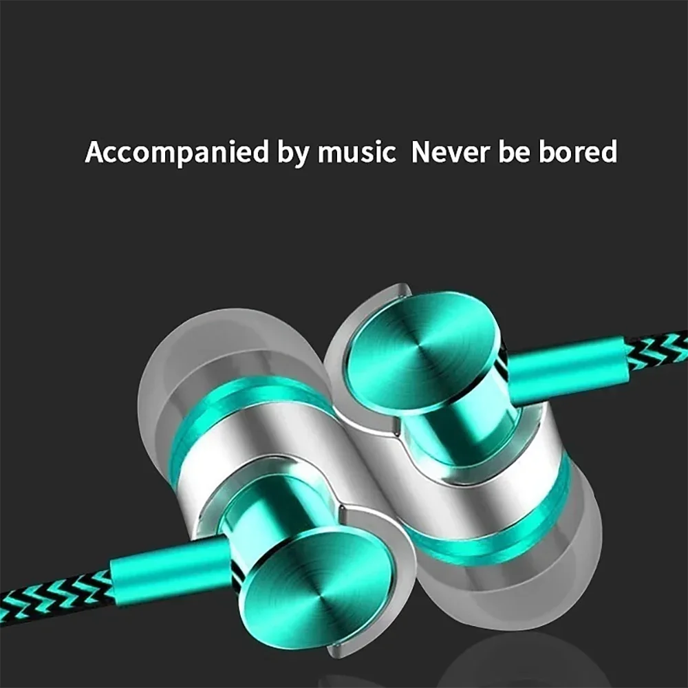 A pair of metallic teal and silver VIKEFON Noise Cancelling Wired Earphones with textured cables are shown entwined. The dark gray background displays white text: Accompanied by music, never be bored.