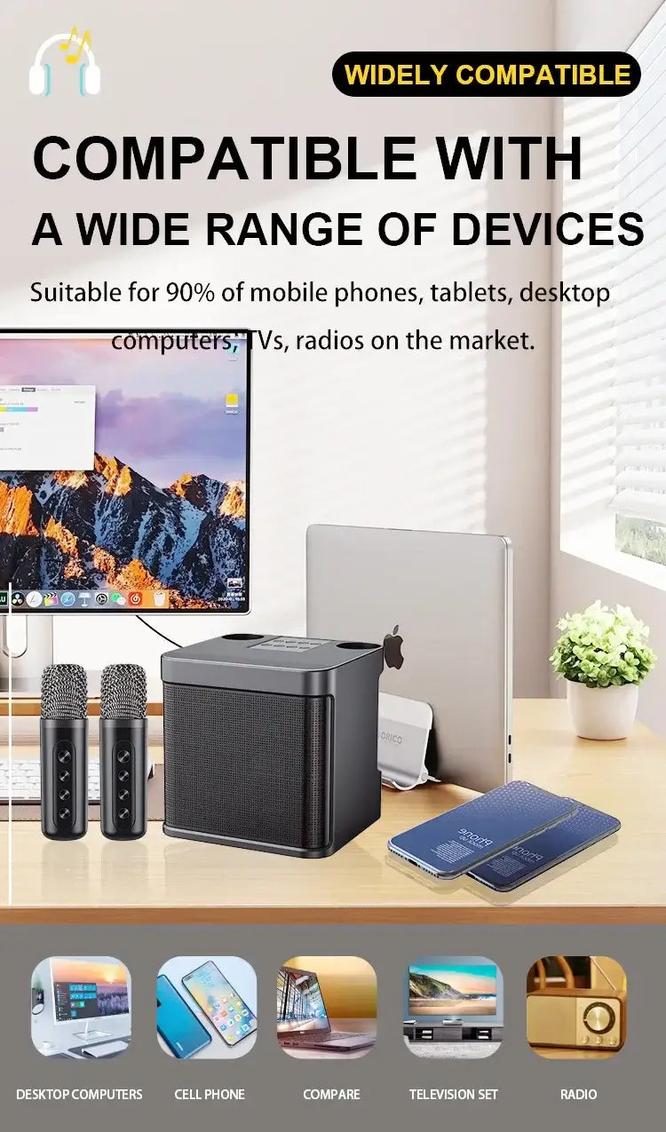 Image of a Portable Dual Microphone Bluetooth Karaoke Machine on a desk with gadgets. Text reads: Widely Compatible. Supports desktop computers, cell phones, cameras, TVs, and radios for versatile use at parties.