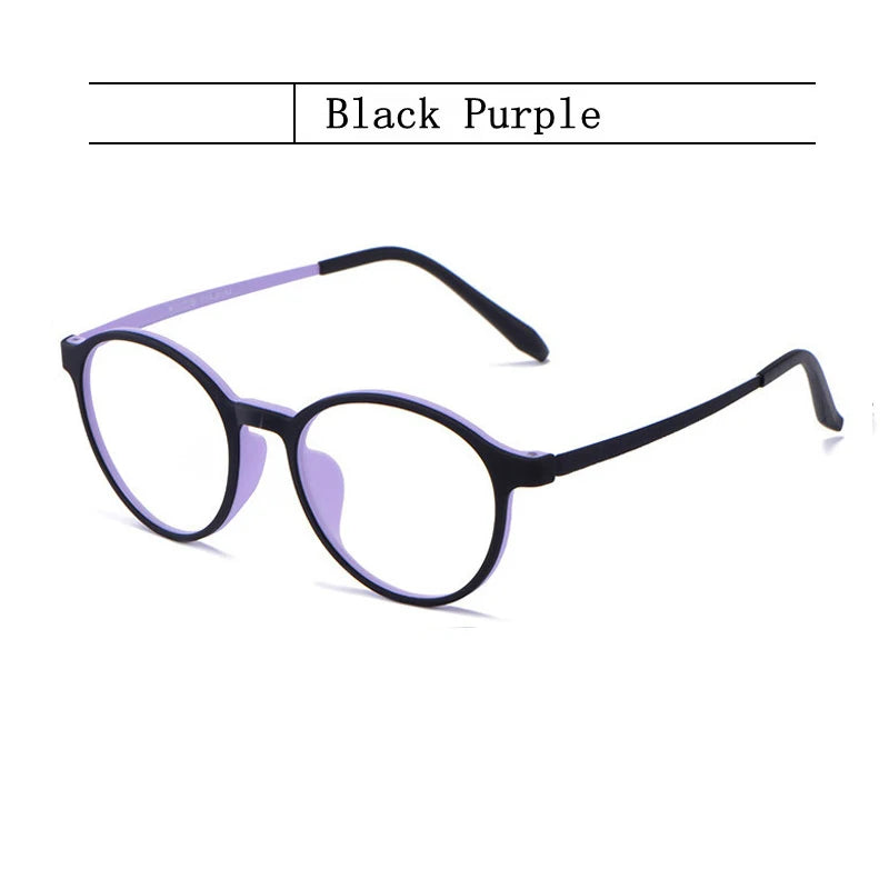 The OUTMIX Pure Titanium Anti Blue Light Reading Glasses are round with black frames and purple inner arm accents. Black Purple appears above them on a white background.