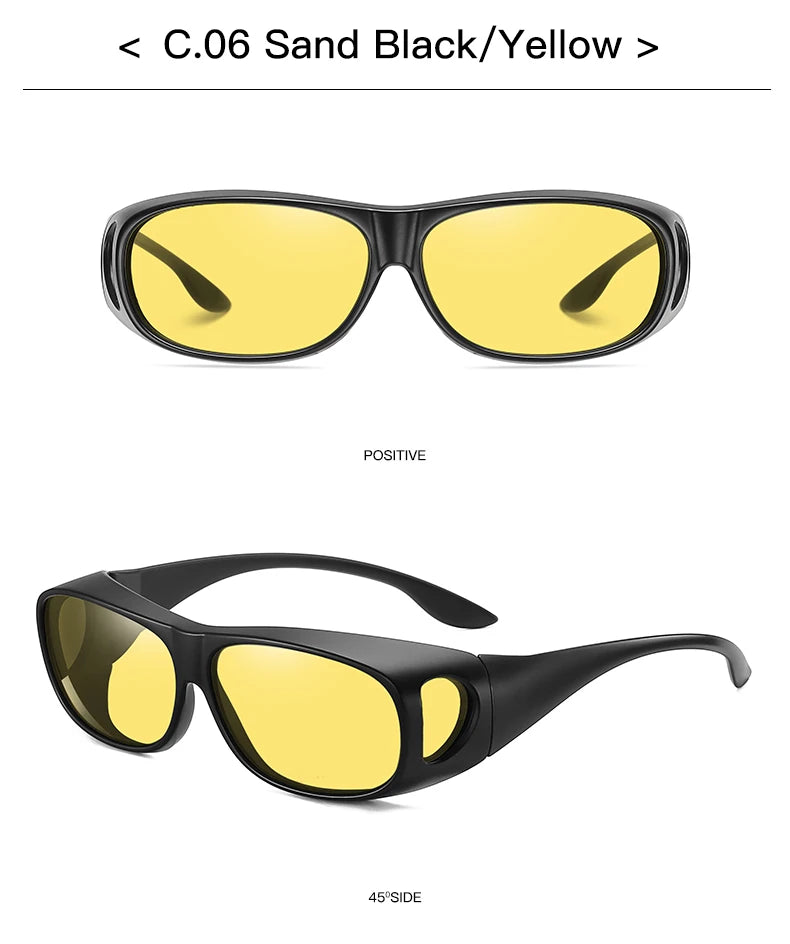 Sleek black MOKDUFF Polarized Sunglasses with yellow lenses offer UV400 protection and clarity. Enjoy the Positive front view and 45°/Side side view of this C.06 Sand Black/Yellow style, designed to comfortably fit over glasses.
