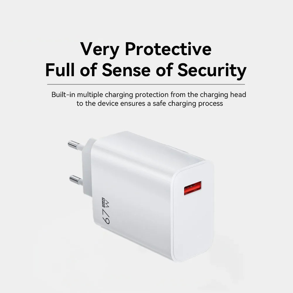 White USB wall charger featuring two round pins and a red USB port. It reads: Very Protective, Full of Sense of Security, offering efficient charging with built-in protection. Experience superior performance with 67W GaN USB Charger and Quick Charge 3.0 Technology for future-ready power.