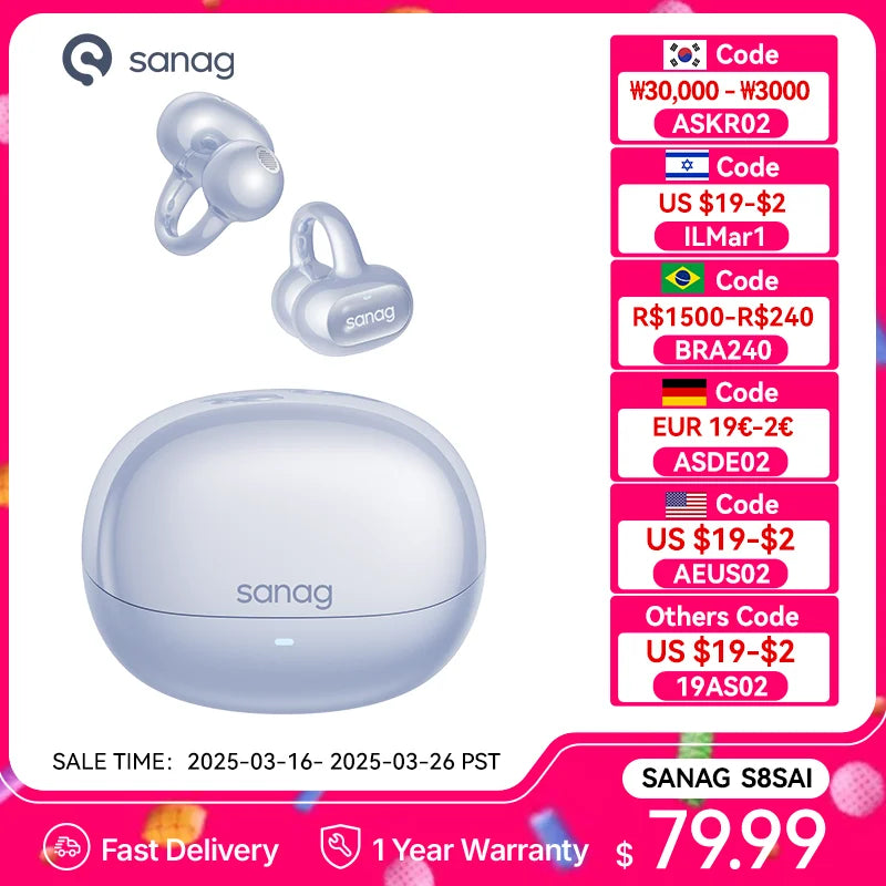 Sanag S8S Bluetooth 5.4 Ear Clip-øretelefoner - vanntette og støyreduserende