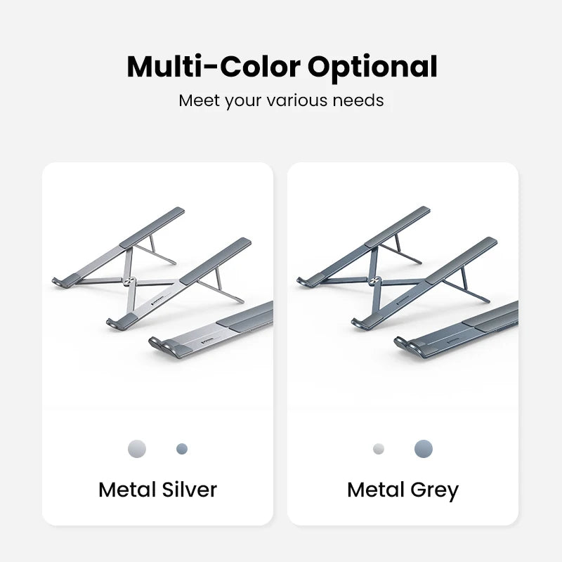 Two UGREEN Laptop Stands, both adjustable and foldable in aluminum, are displayed side by side. The left is Metal Silver, the right is Metal Grey. Each stand showcases ergonomic design and height adjustability. Text above highlights their color options.