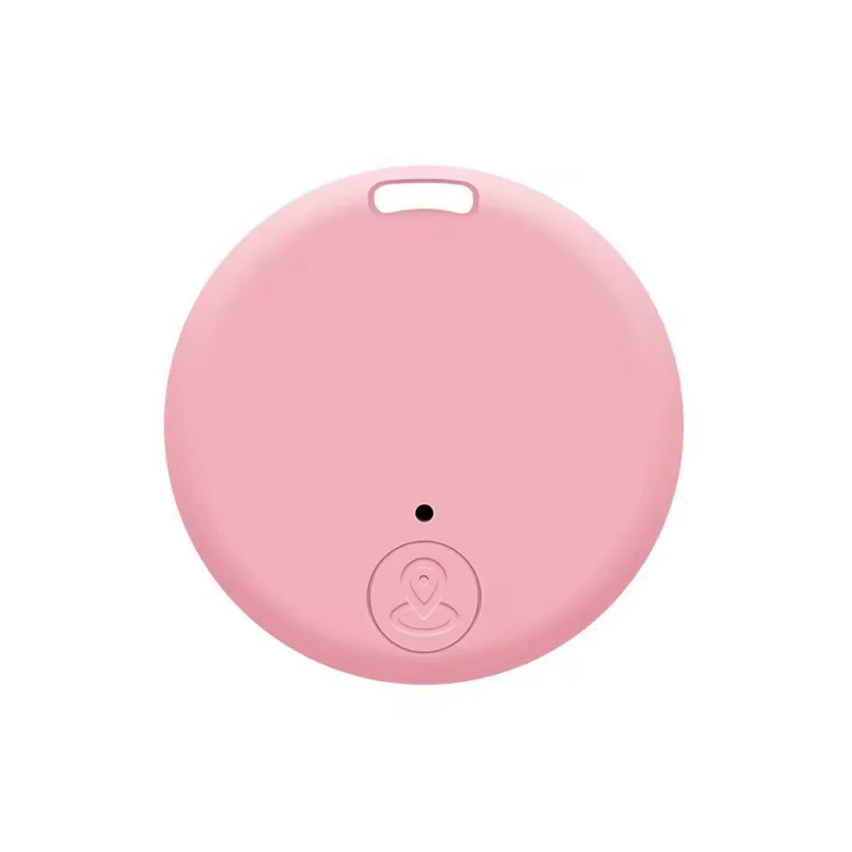 The Mini Bluetooth GPS Tracker - Smart Locator for Pets & Kids is a round, pink device with an embossed smiling face logo and a small hole near the bottom. It has a slot at the top for keychain or lanyard attachment, offering style and convenience on a sleek white background.
