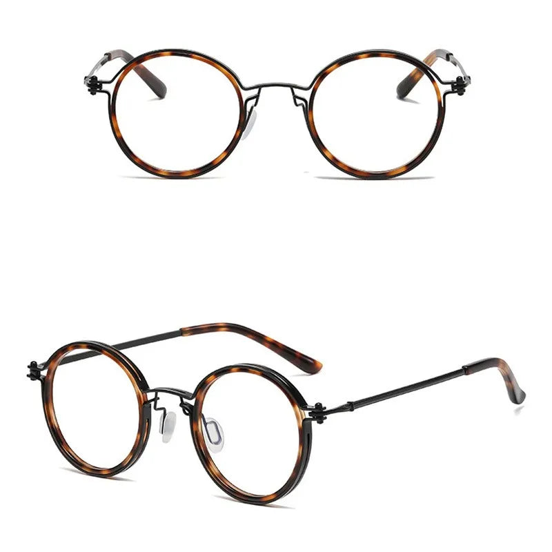 KLASSNUM Mens Round Glasses feature a stylish retro tortoiseshell frame, thin black metal arms, and anti blue light lenses. Shown from the front and side on a white background, these eyeglasses combine modern protection with classic design.