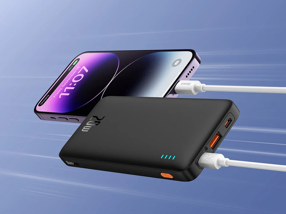 A smartphone links to a Baseus Airpow 20W Power Bank 10000mAh via cable, with the phone’s home screen active. The power bank, featuring fast charge and three blue LED lights, and both devices showcase sleek designs against a dynamic blue backdrop.