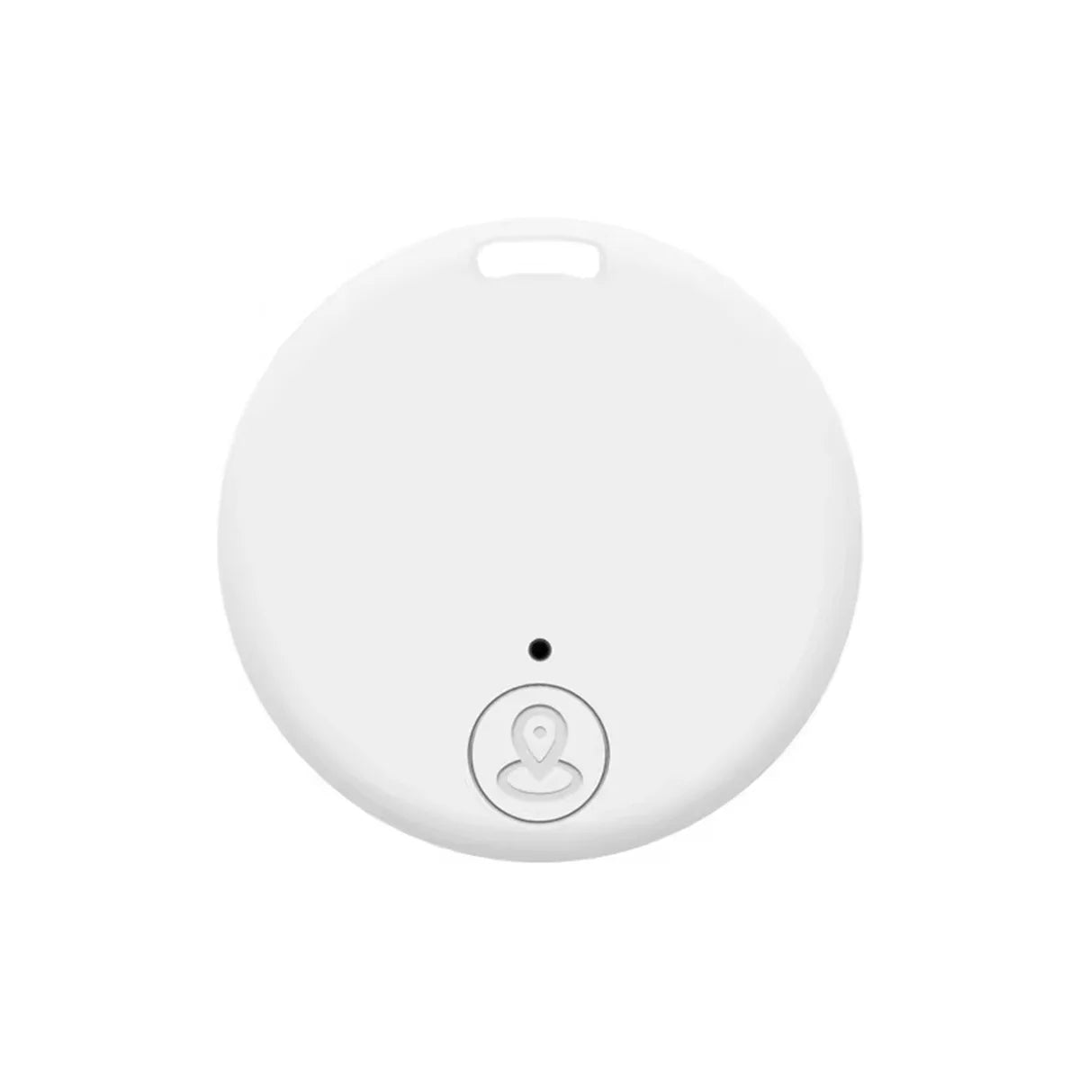 The Mini Bluetooth GPS Tracker for pets and kids is round, white, and features a pin icon at the bottom with a small hole near the center. It has a smooth surface, top indentation, and offers real-time location tracking for peace of mind.