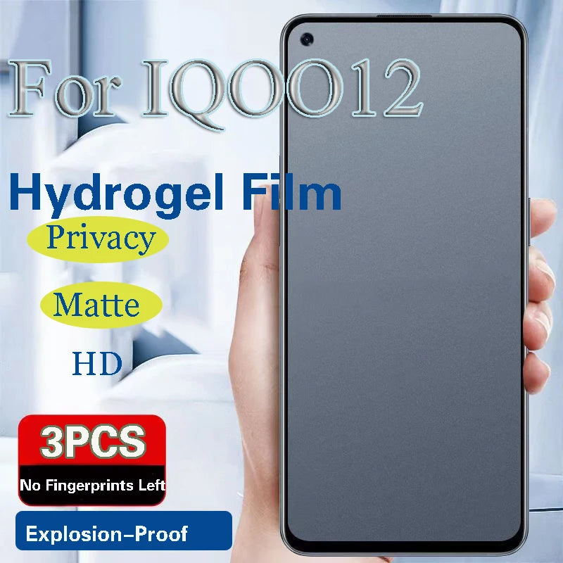 A hand holds a mobile device displaying a promo for the MAOSENGUOJI Privacy Screen Protector for VIVO IQOO 12 Pro. It highlights an Anti Blue-ray, matte finish, HD quality, explosion-proof hydrogel film with no fingerprints; available in 3PCS.