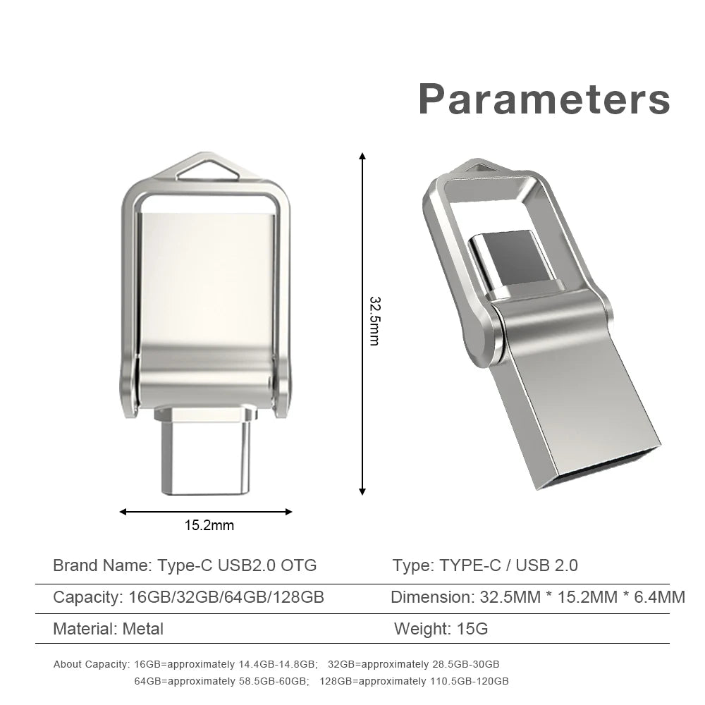 The MicroDrive Mini USB 2.0 Flash Drive, showcased in front and angled side views, features Type-C and USB 2.0 OTG connections and is offered in 16GB to 128GB capacities, with popular choices at 64GB & 32GB; dimensions are 32.5mm x 15.2mm x 6.4mm.