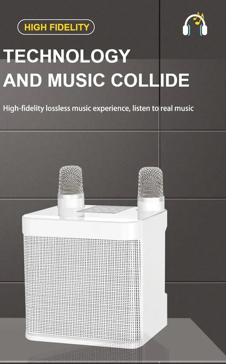 A promotional image features the Portable Dual Microphone Bluetooth Karaoke Machine for Parties, a square-shaped white speaker with dual mics on top. The text highlights High Fidelity Technology and Music Collide, offering high-fidelity lossless music against a gray background.