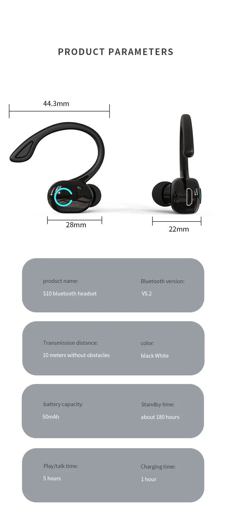 VIKEFON Bluetooth 5.2 Headset - Sport Ear Hook Design