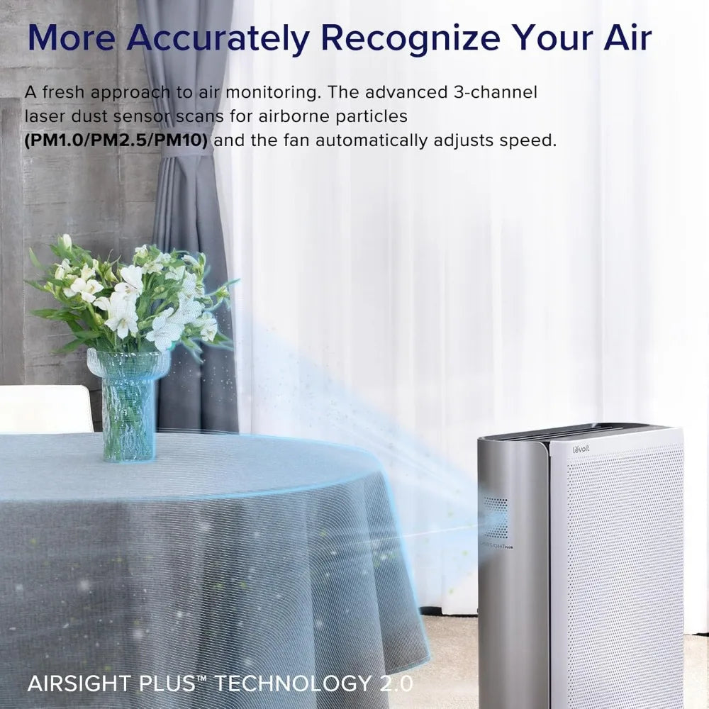 A NoEnName Large Room Air Purifier with WiFi Control sits next to a dining table with a gray cloth and white flower vase, featuring advanced air monitoring with 3-channel laser dust sensors and adjustable fan speed for seamless air quality management.